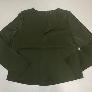 Theory Long Sleeve Pleated Front Dark Green Blouse Size Large